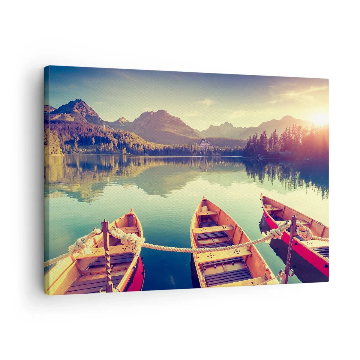 Quadro em tela - Barcos em um lago calmo cercado por montanhas ao pôr do sol - 70x50cm - Viver de acordo com as suas leis - Decoração de parede moderna para a sala de estar e quarto ARTTOR