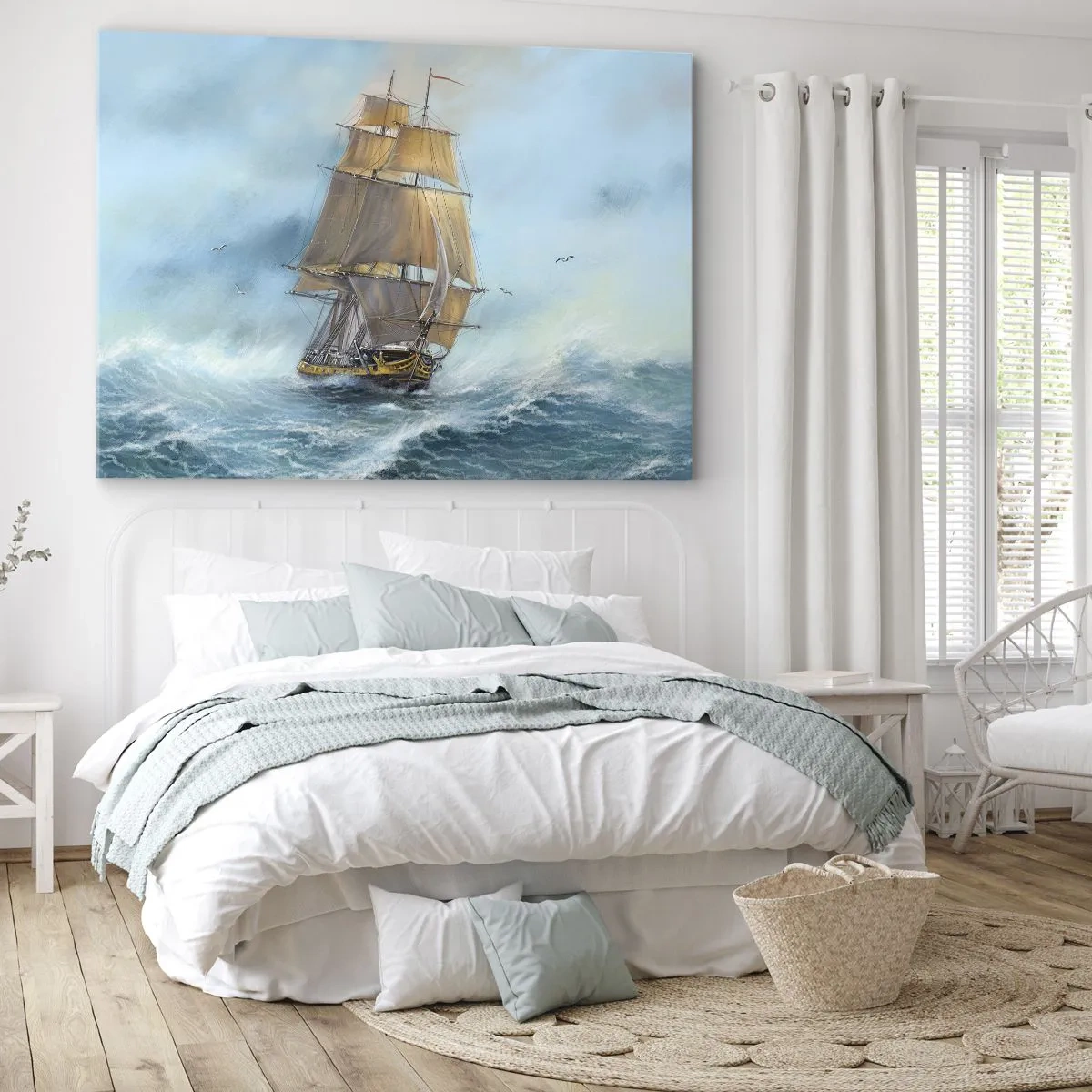 Quadro em tela - Um veleiro em um mar tempestuoso - 70x50cm - Correndo sobre as ondas - Decoração de parede moderna para a sala de estar e quarto ARTTOR