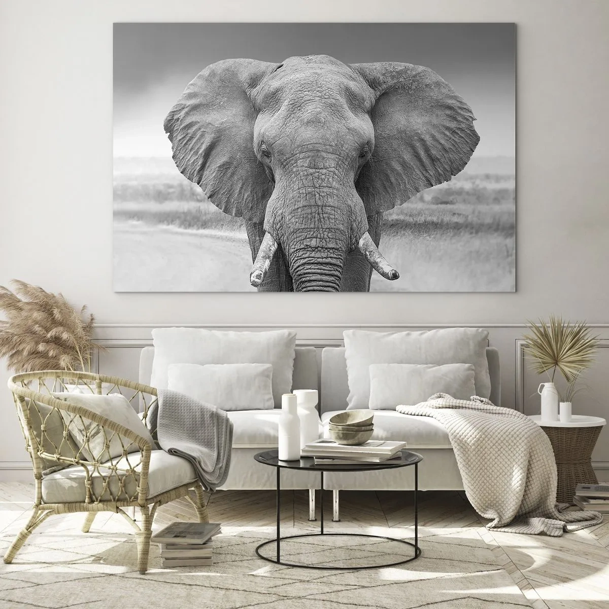 Quadro em vidro - Retrato em preto e branco de um elefante na savana - 70x50cm - Bem-vindo ao meu mundo - Decoração de parede moderna para a sala de estar e quarto ARTTOR