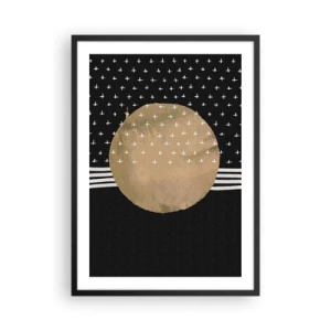 Pôster com moldura preta - Bola dourada abstrata em um fundo preto com padrões - 50x70cm - Composição: bandeira da galáxia - Decoração de parede moderna para a sala de estar e quarto ARTTOR