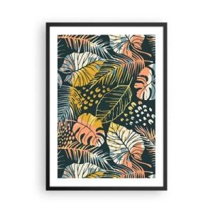 Pôster com moldura preta - Um padrão colorido de folhas tropicais em tons de verde, amarelo e rosa. - 50x70cm - Fantasia de folhas - Decoração de parede moderna para a sala de estar e quarto ARTTOR