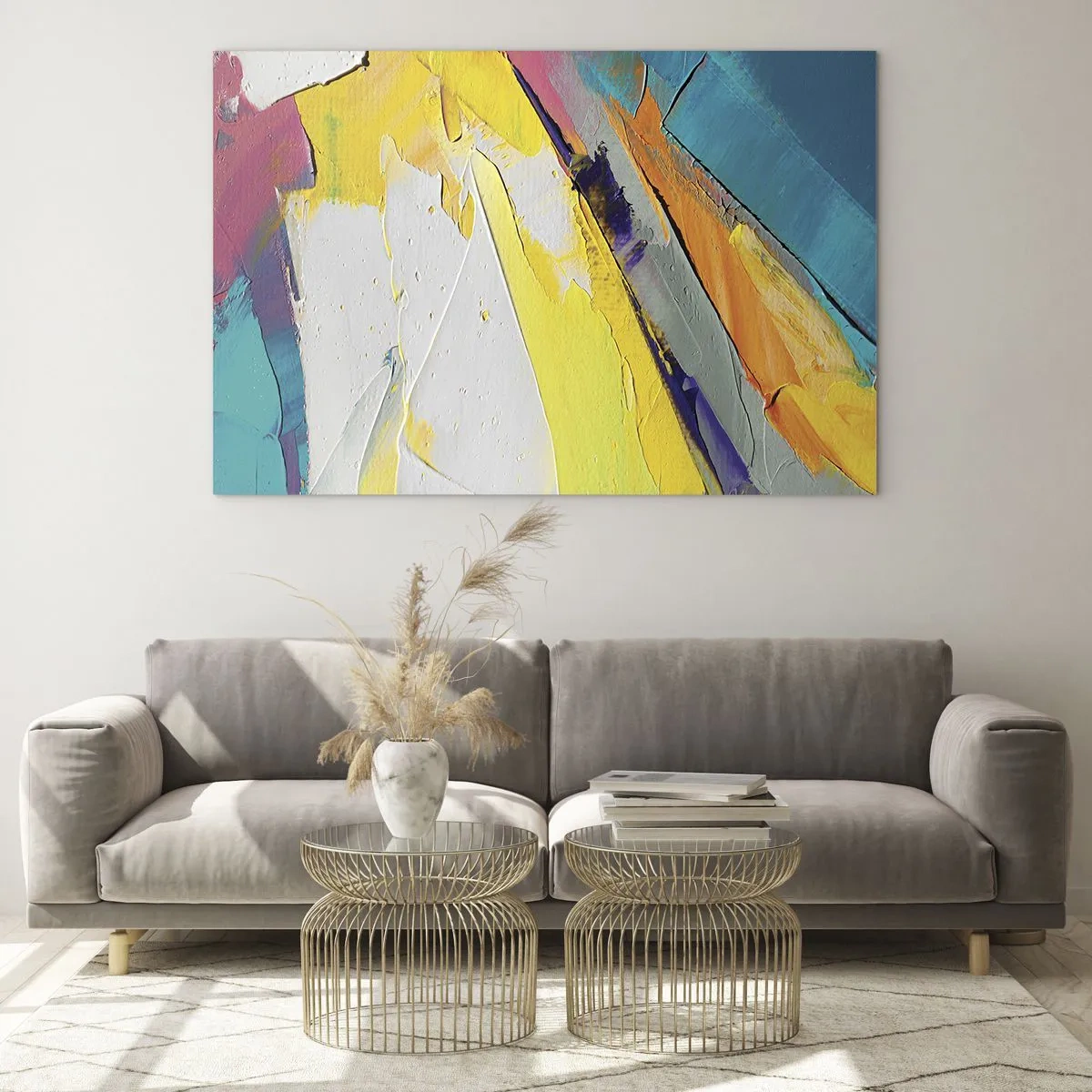 Quadro em vidro - Pinceladas abstratas em amarelo, azul e branco - 70x50cm - Anatomia da luz - Decoração de parede moderna para a sala de estar e quarto ARTTOR