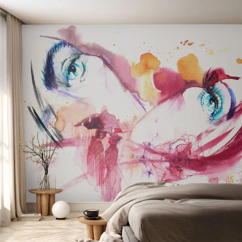 Papel de Parede Premium Sand - Na proximidade, o mundo floresce - Abstração, Rosto de mulher, Olhos Femininos - 100x70 cm