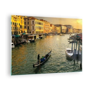 Quadro em vidro - Pôr do sol sobre um canal de Veneza com gôndolas - 70x50cm - No lado ensolarado da rua - Decoração de parede moderna para a sala de estar e quarto ARTTOR