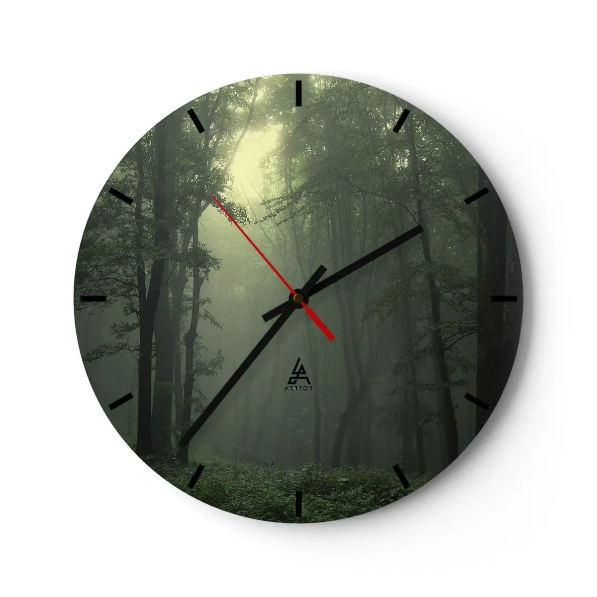 Relógio de parede - Relógio em vidro - Floresta verde na neblina com ponteiros de relógio pretos - 30x30cm - Antes de acordar - Decoração de parede moderna para a sala de estar, cozinha e quarto ARTTOR