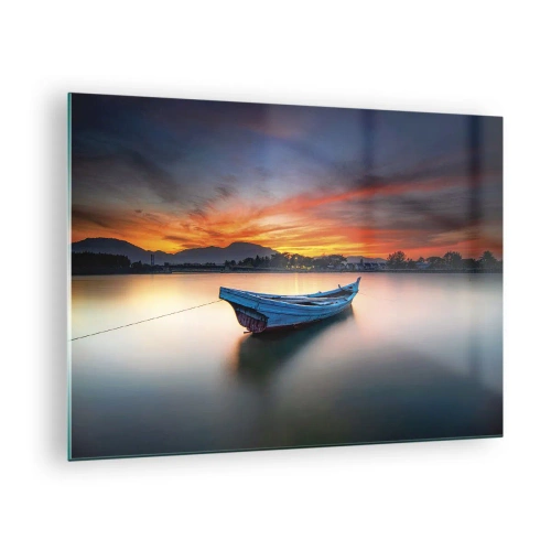 Quadro em vidro - Barco de madeira no lago ao pôr do sol - 70x50cm - Uma boa noite se aproxima - Decoração de parede moderna para a sala de estar e quarto ARTTOR