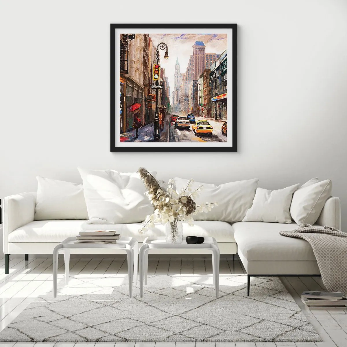 Pôster com moldura preta - Nova York – colorida também na chuva  - 60x60 cm