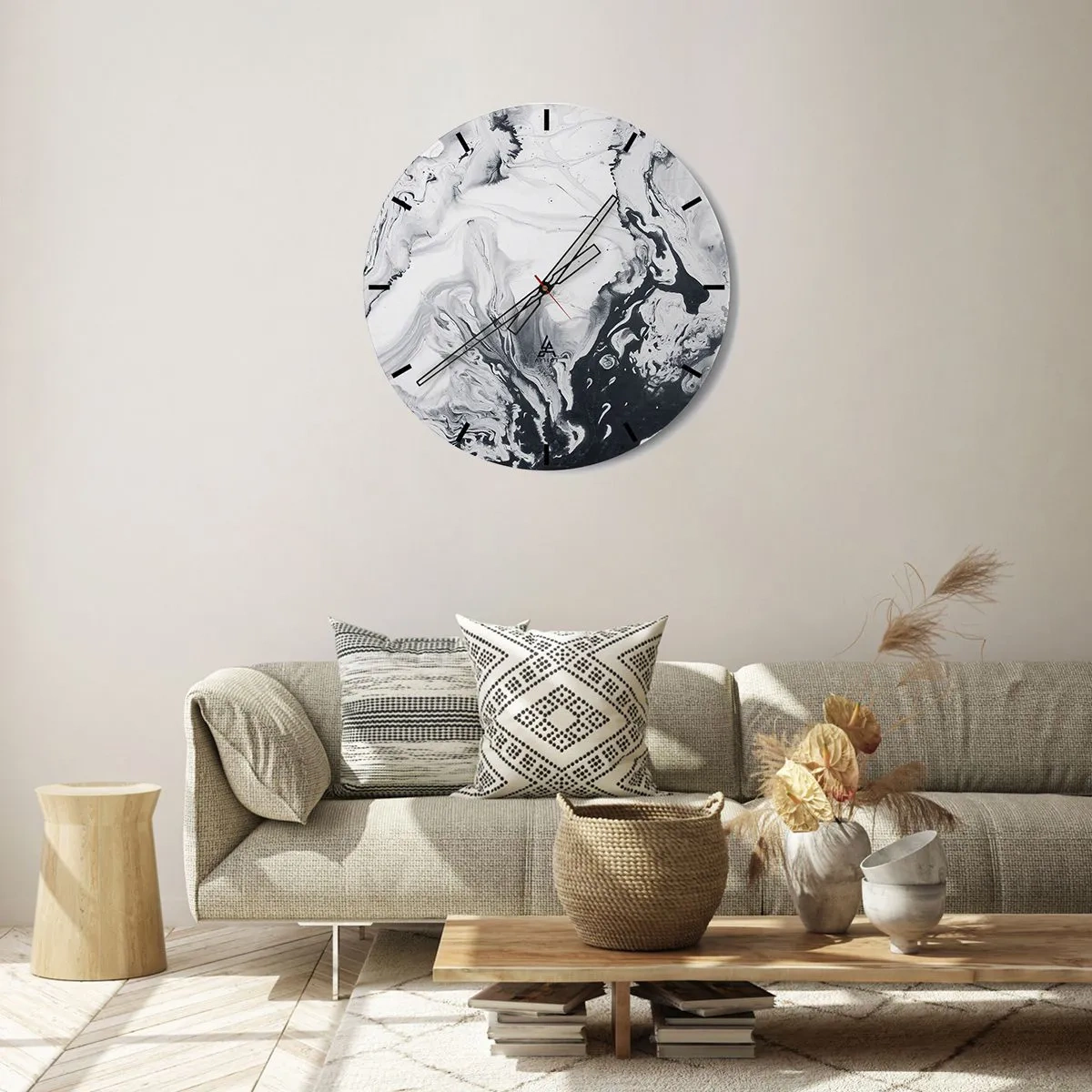 Relógio de parede - Relógio em vidro - Um padrão abstrato em tons de preto e branco que lembra mármore. - 30x30cm - O Interior da Terra - Decoração de parede moderna para a sala de estar, cozinha e quarto ARTTOR