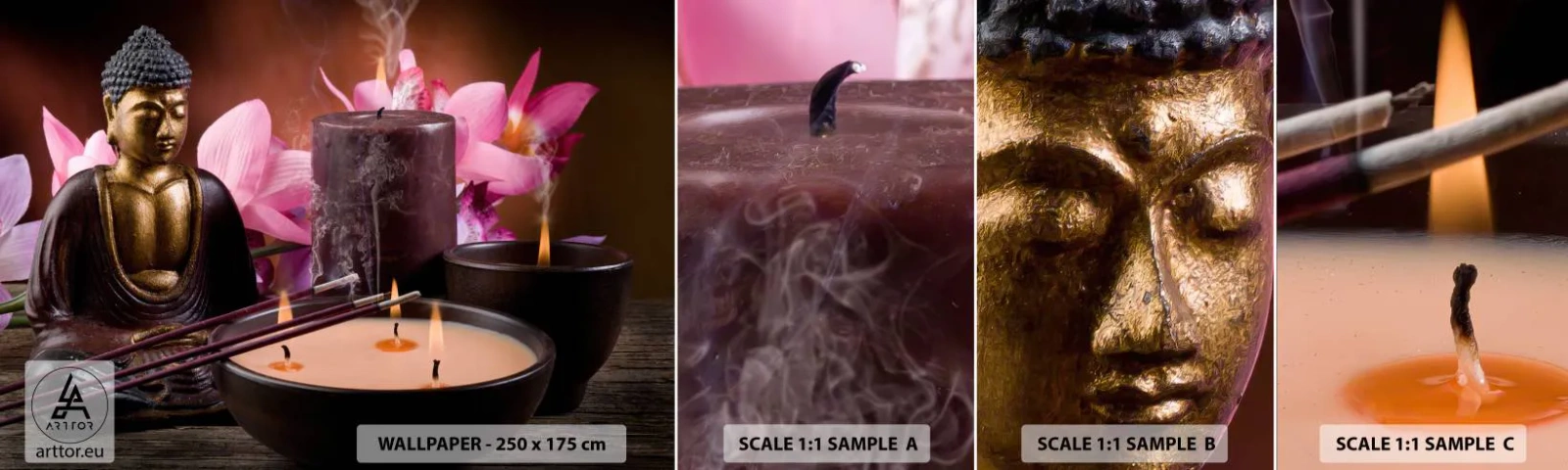 Amostra de Papel de Parede Standard Eco - Limpar a mente, acalmar o corpo - Buda, Religião, Flores - 100x30 cm