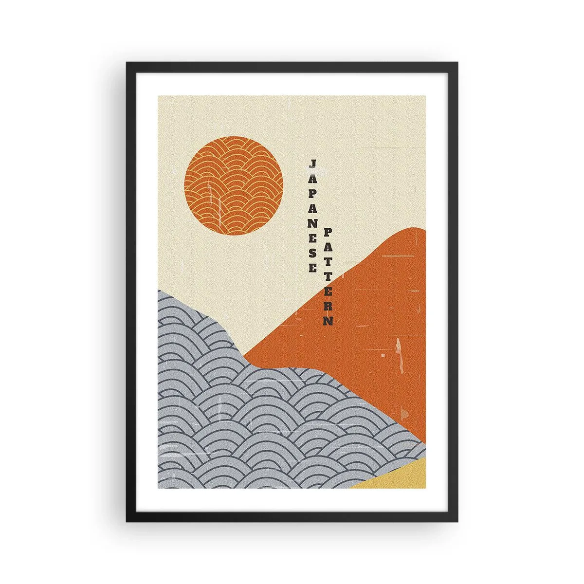 Pôster com moldura preta - Padrão japonês minimalista com ondas e sol - 50x70cm - No espírito japonês - Decoração de parede moderna para a sala de estar e quarto ARTTOR