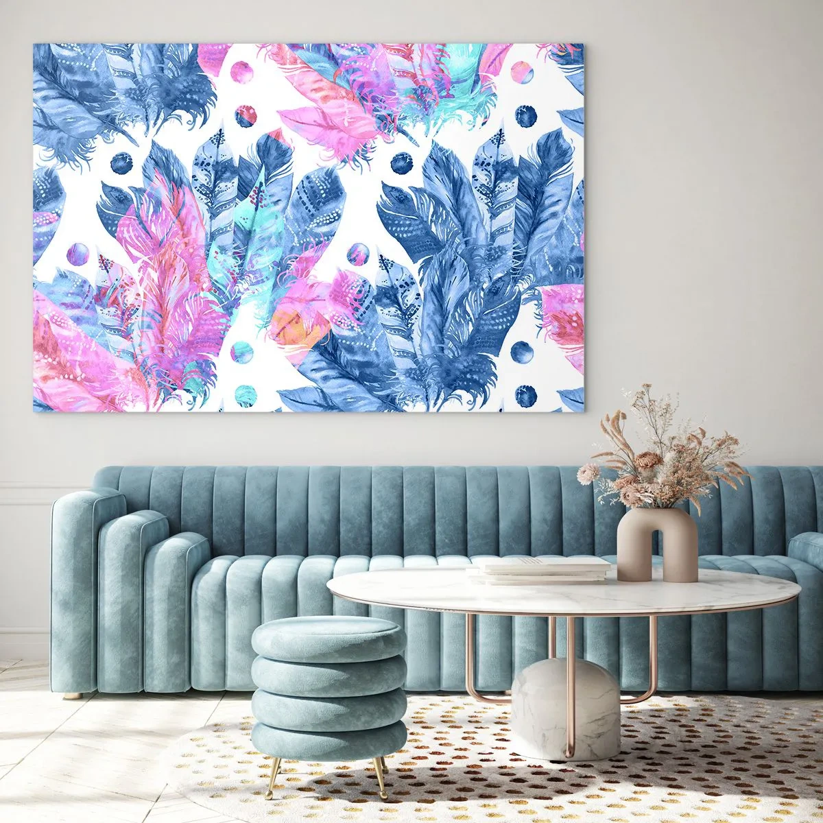 Quadro em vidro - Plumas em rosa e azul - 120x80 cm