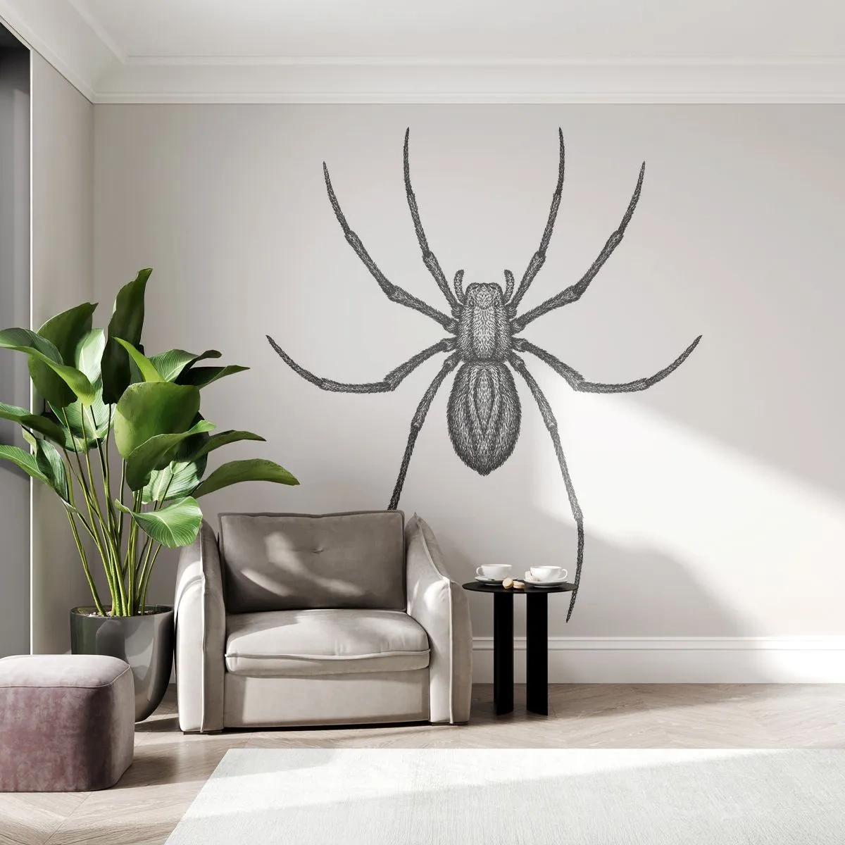 Papel de Parede Standard Eco - Aranha preta em estilo de desenho sobre fundo branco - 100x70cm - Precisão perturbadora - Decoração de parede moderna para a sala de estar e quarto ARTTOR