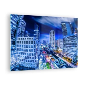 Quadro em vidro - Panorama de uma cidade moderna à noite com luzes brilhantes - 70x50cm - Ritmos da cidade noturna - Decoração de parede moderna para a sala de estar e quarto ARTTOR