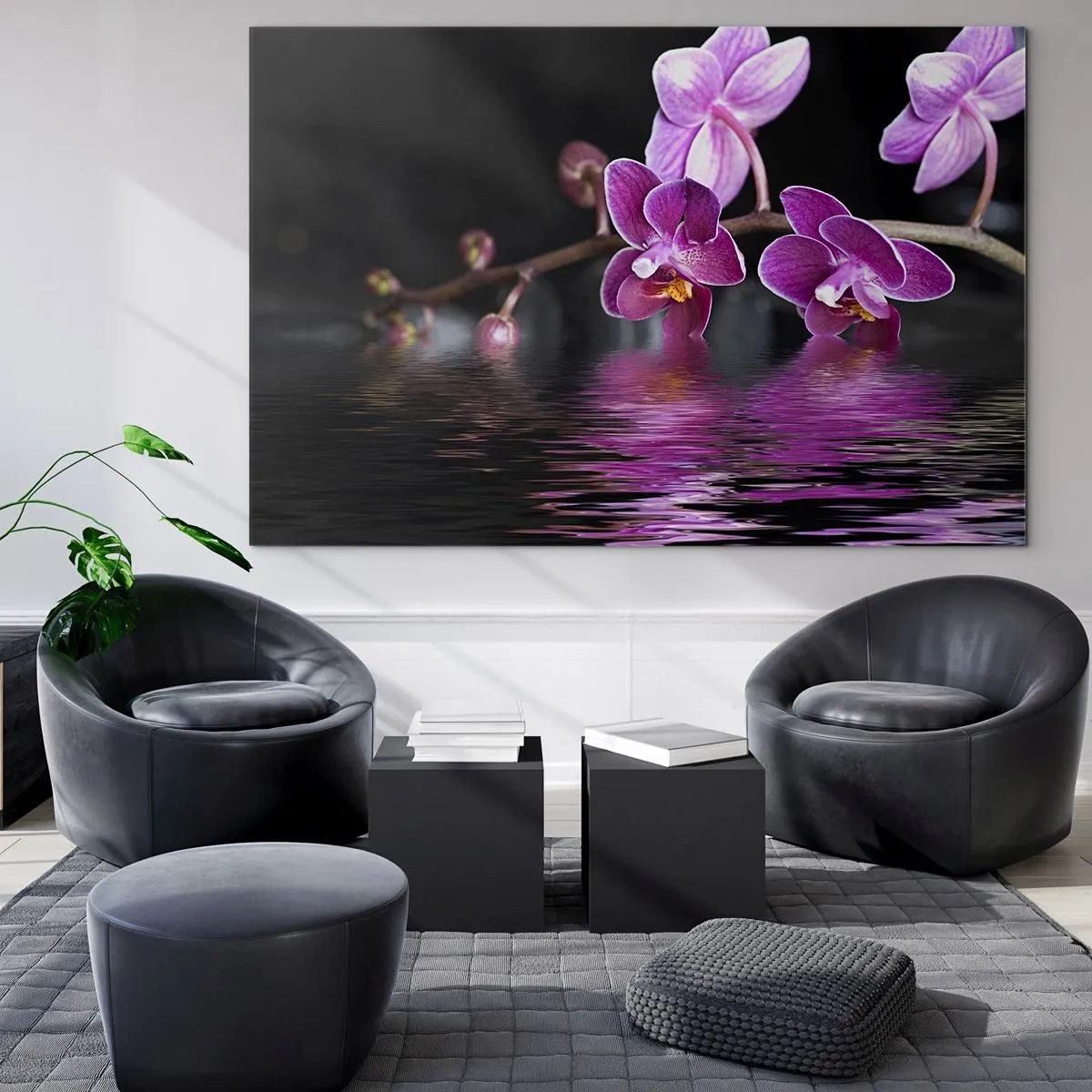 Quadro em vidro - Orquídeas roxas refletidas na água - 70x50cm - Reflexo lilás da beleza - Decoração de parede moderna para a sala de estar e quarto ARTTOR