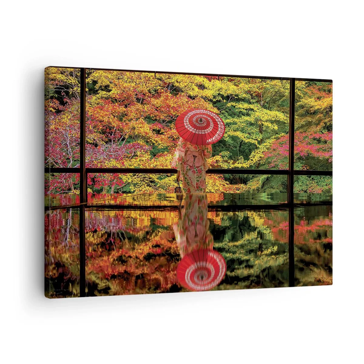 Quadro em tela - Uma mulher de quimono com um guarda-chuva tendo como pano de fundo uma paisagem de outono. - 70x50cm - No templo da natureza - Decoração de parede moderna para a sala de estar e quarto ARTTOR