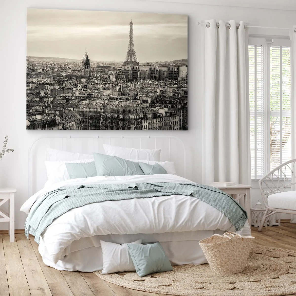 Quadro em tela - Panorama de Paris com a Torre Eiffel em tons sépia - 70x50cm - Sobre os telhados de Paris - Decoração de parede moderna para a sala de estar e quarto ARTTOR