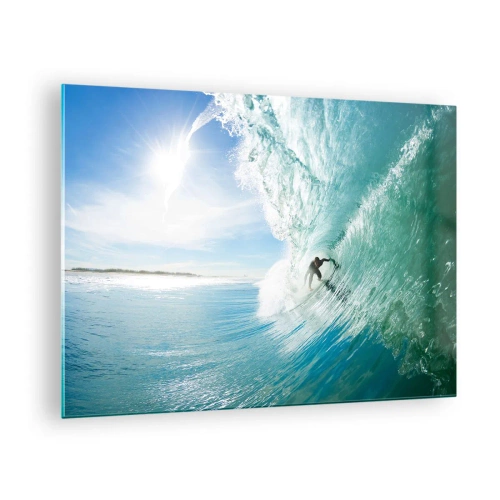 Quadro em vidro - Um surfista pegando uma onda contra um céu azul - 70x50cm - Na crista da onda - Decoração de parede moderna para a sala de estar e quarto ARTTOR