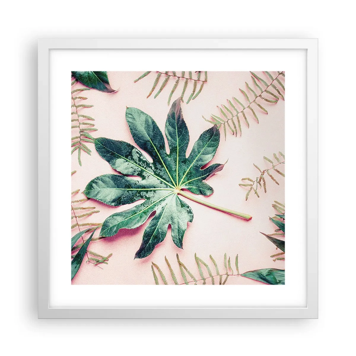 Pôster em moldura branca - Estudo do verde em um fundo rosa - 40x40 cm