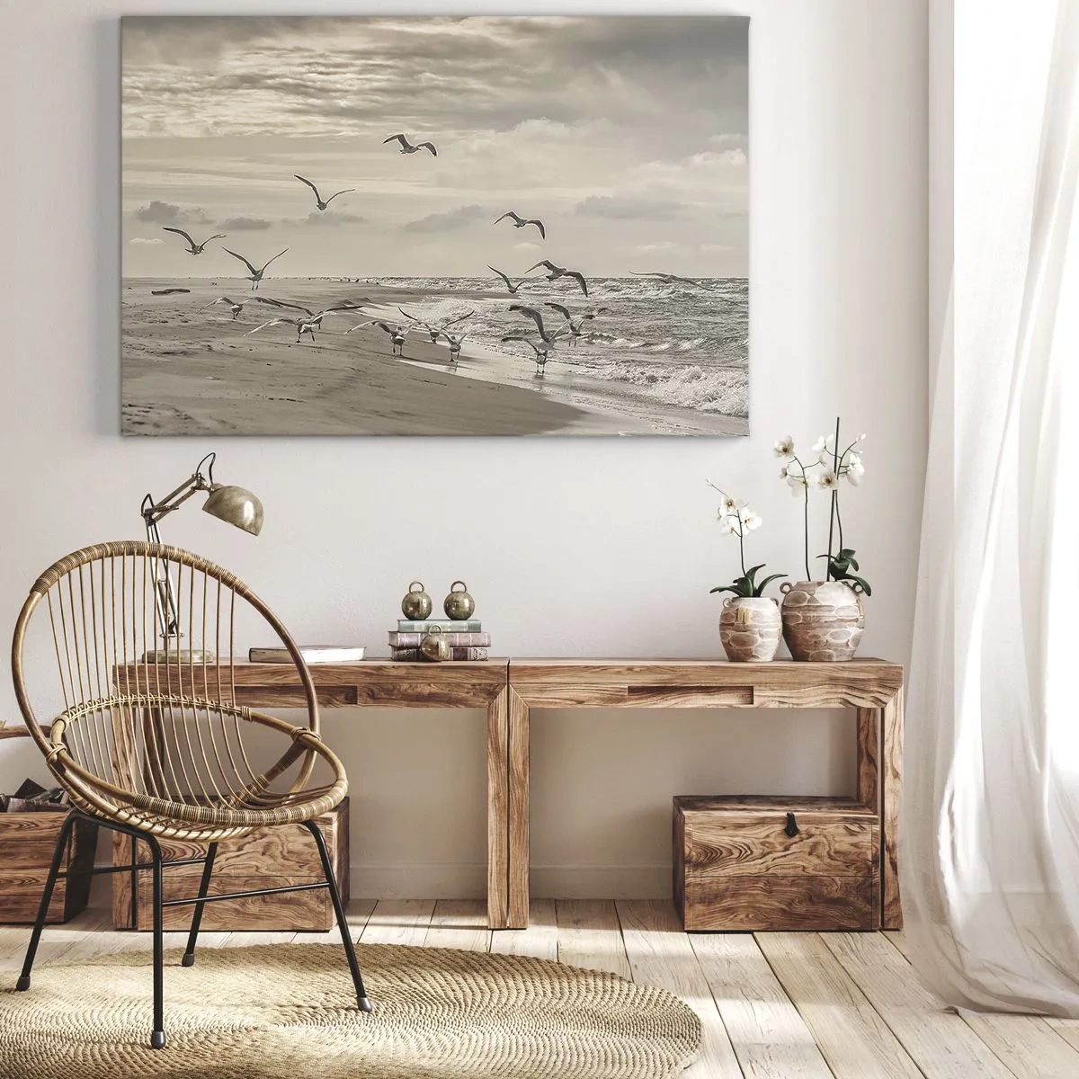 Quadro em tela - Uma gaivota voando sobre uma paisagem litorânea - 70x50cm - O som do mar, o canto dos pássaros - Decoração de parede moderna para a sala de estar e quarto ARTTOR