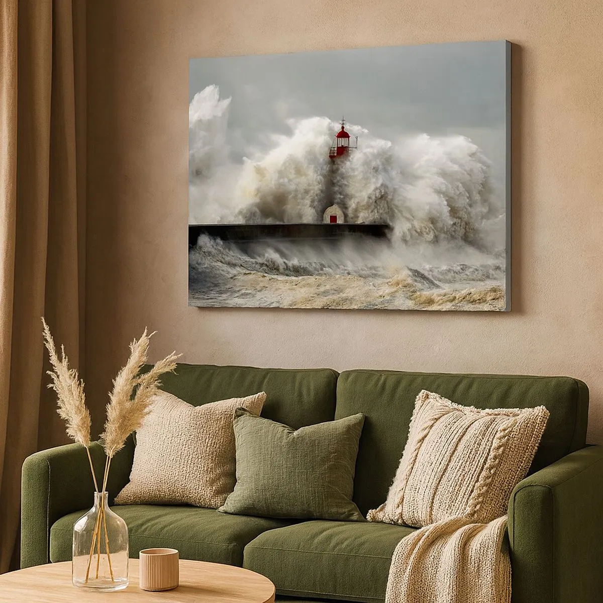 Quadro em tela - Um farol cercado por ondas fortes durante uma tempestade - 70x50cm - A ira do oceano - Decoração de parede moderna para a sala de estar e quarto ARTTOR