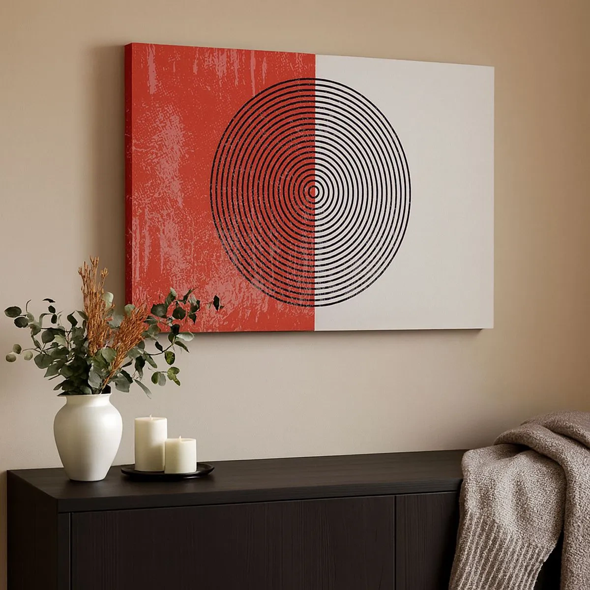 Quadro em tela - Padrão geométrico com círculos concêntricos em um fundo vermelho e branco - 70x50cm - Direto ao ponto - Decoração de parede moderna para a sala de estar e quarto ARTTOR