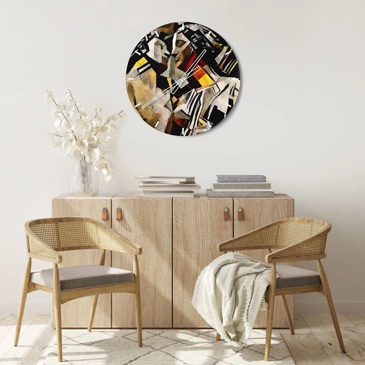 Relógio de parede - Relógio em vidro - Representação cubista de duas figuras em formas abstratas - 30x30cm - Beijo da estátua - Decoração de parede moderna para a sala de estar, cozinha e quarto ARTTOR