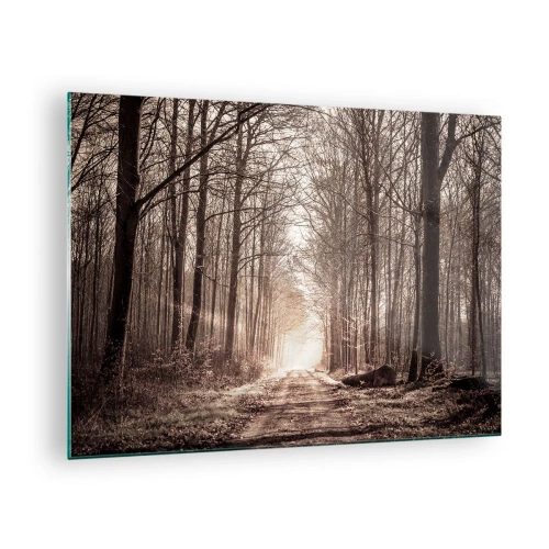 Quadro em vidro - Estrada florestal na neblina da manhã - 70x50cm - Catedral na Floresta - Decoração de parede moderna para a sala de estar e quarto ARTTOR