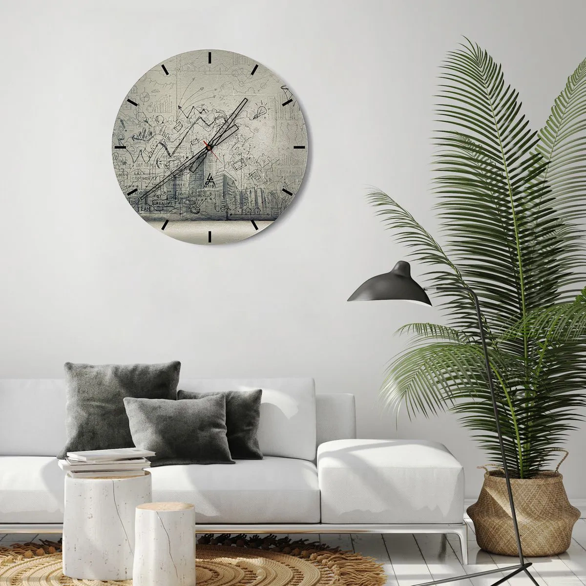 Relógio de parede - Relógio em vidro - Esboço conceitual com temas de negócios em um fundo claro - 30x30cm - Minha vida maravilhosa na cidade - Decoração de parede moderna para a sala de estar, cozinha e quarto ARTTOR