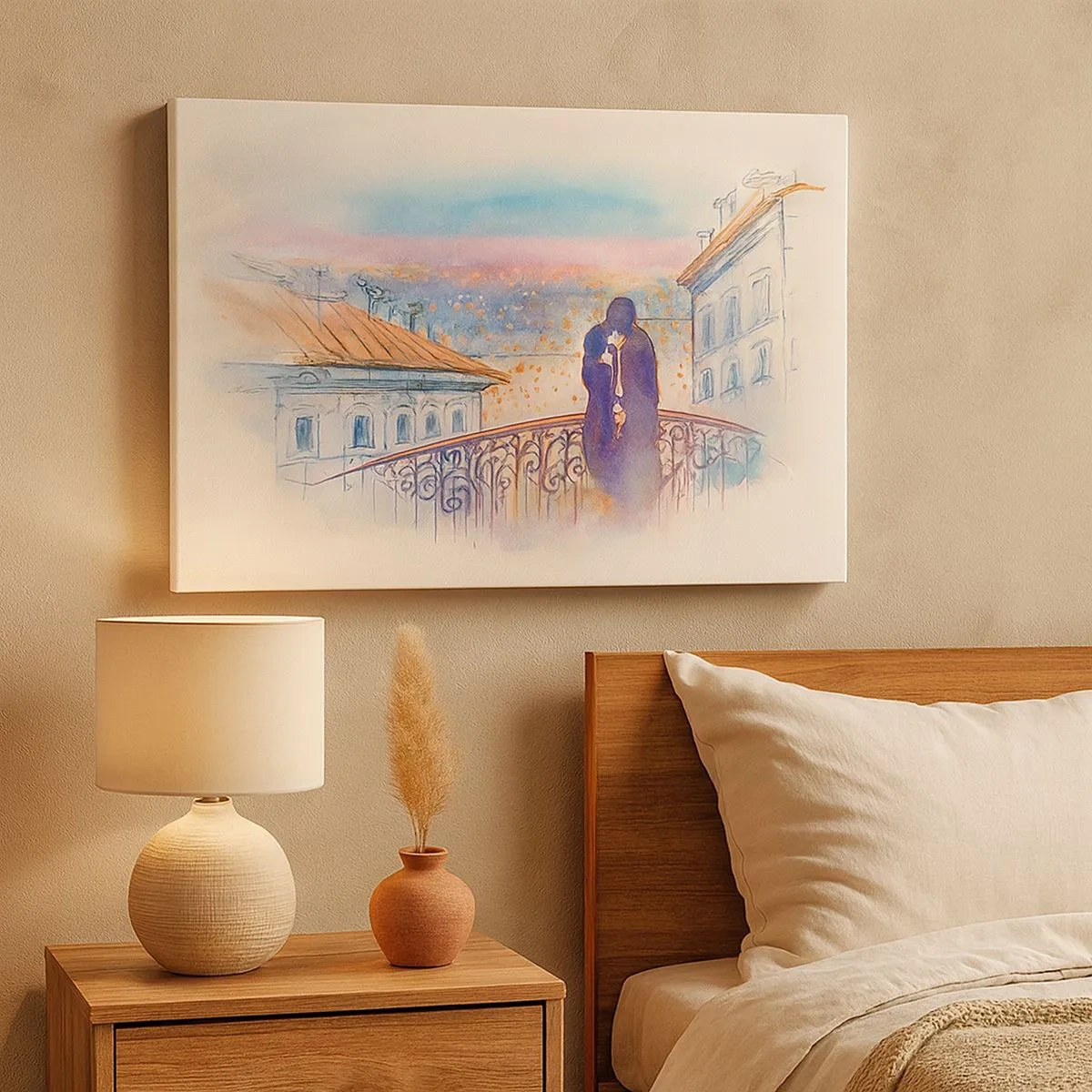 Quadro em tela - Casal romântico em uma varanda com vista para a cidade - 70x50cm - Amantes parisienses - Decoração de parede moderna para a sala de estar e quarto ARTTOR