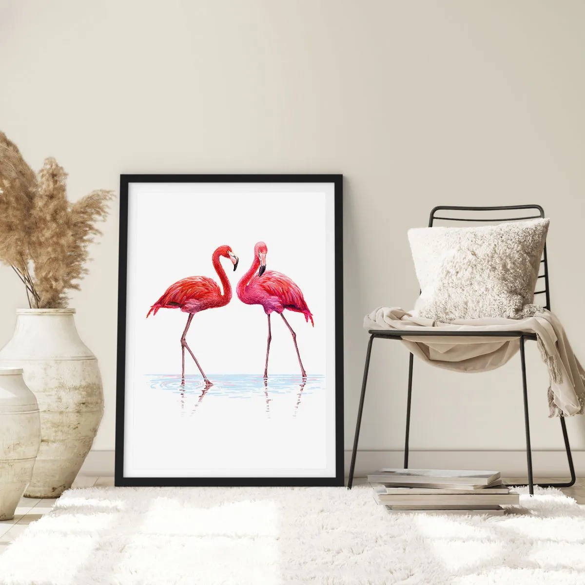 Pôster com moldura preta - Dois flamingos em um fundo branco com reflexo na água - 50x70cm - Rosa randez-vous - Decoração de parede moderna para a sala de estar e quarto ARTTOR