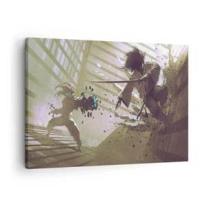 Quadro em tela - Luta dinâmica entre dois personagens em estilo futurista - 70x50cm - Você também pode ser um samurai - Decoração de parede moderna para a sala de estar e quarto ARTTOR