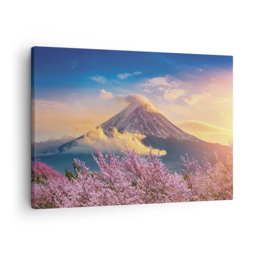 Quadro em tela - Monte Fuji com flores de cerejeira ao fundo ao pôr do sol - 70x50cm - Santidade japonesa - Decoração de parede moderna para a sala de estar e quarto ARTTOR