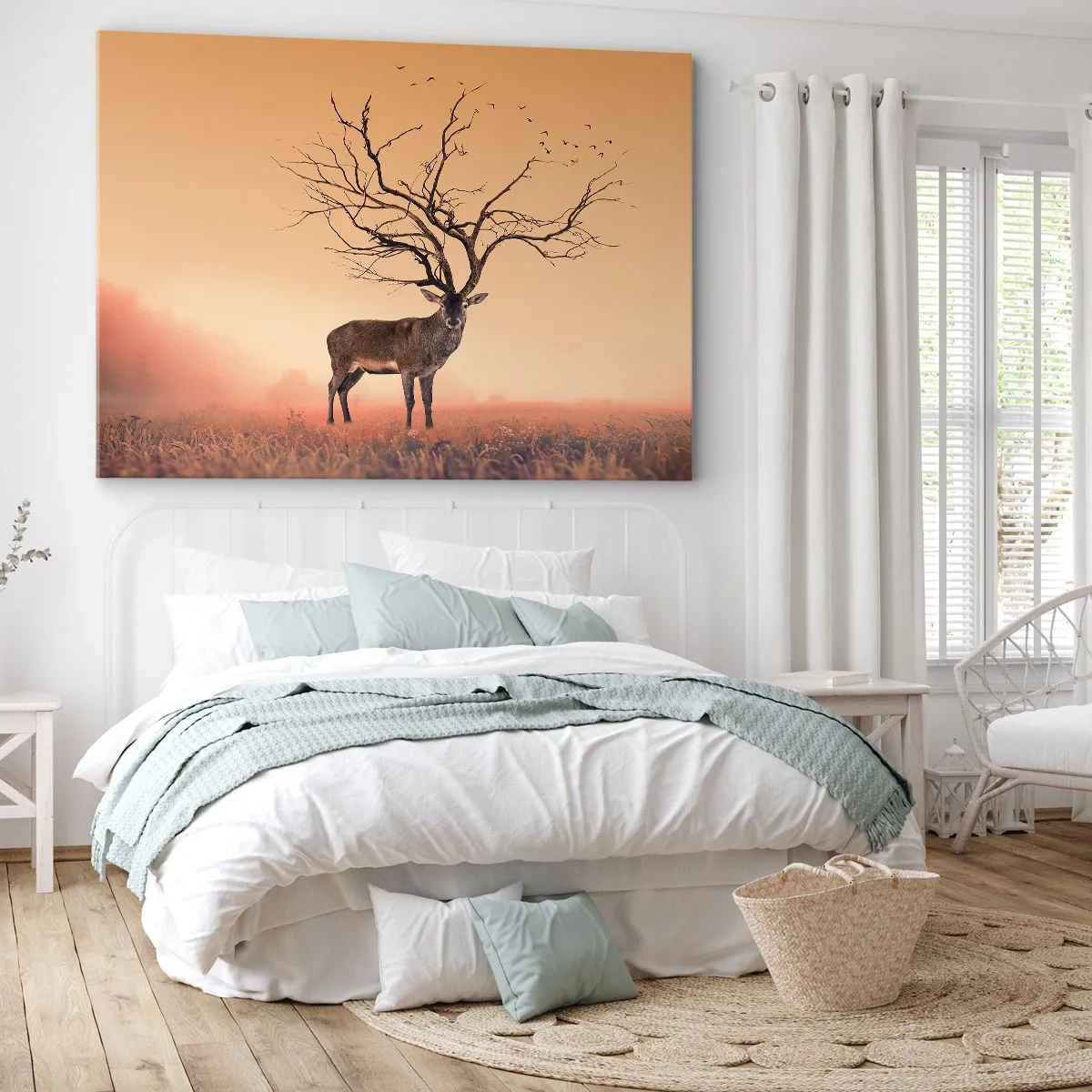 Quadro em tela - Um gráfico de veado sofisticado com galhos em vez de chifres - 70x50cm - Cervo - o espírito eterno da floresta - Decoração de parede moderna para a sala de estar e quarto ARTTOR