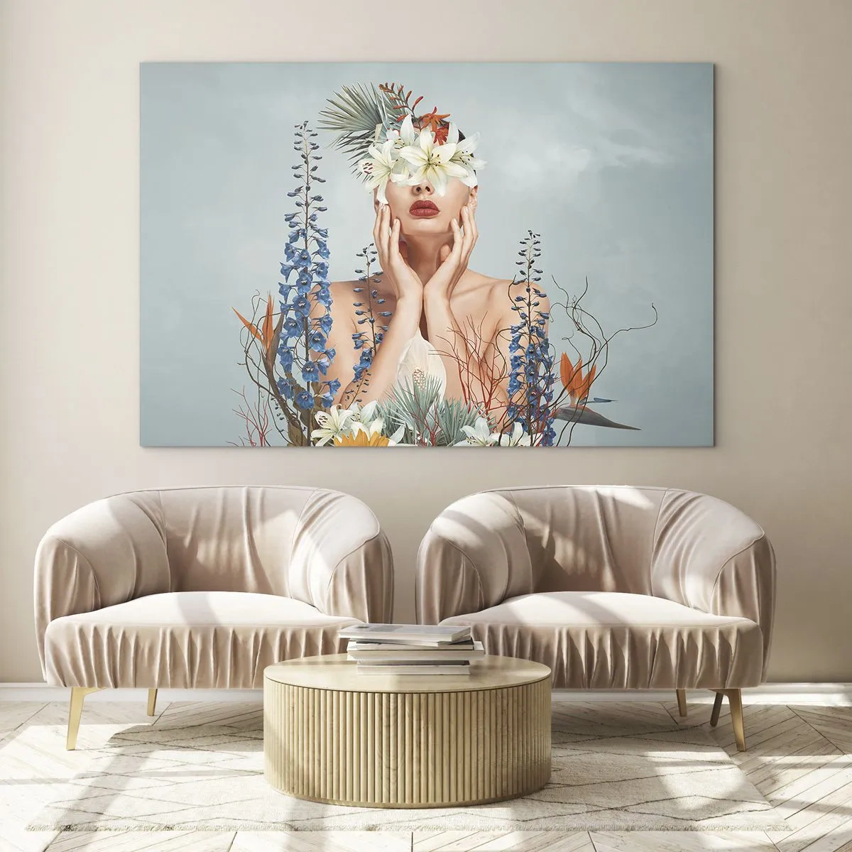 Quadro em vidro - Figura de uma mulher com uma coroa de flores e um arranjo floral - 70x50cm - Mulher – flor - Decoração de parede moderna para a sala de estar e quarto ARTTOR