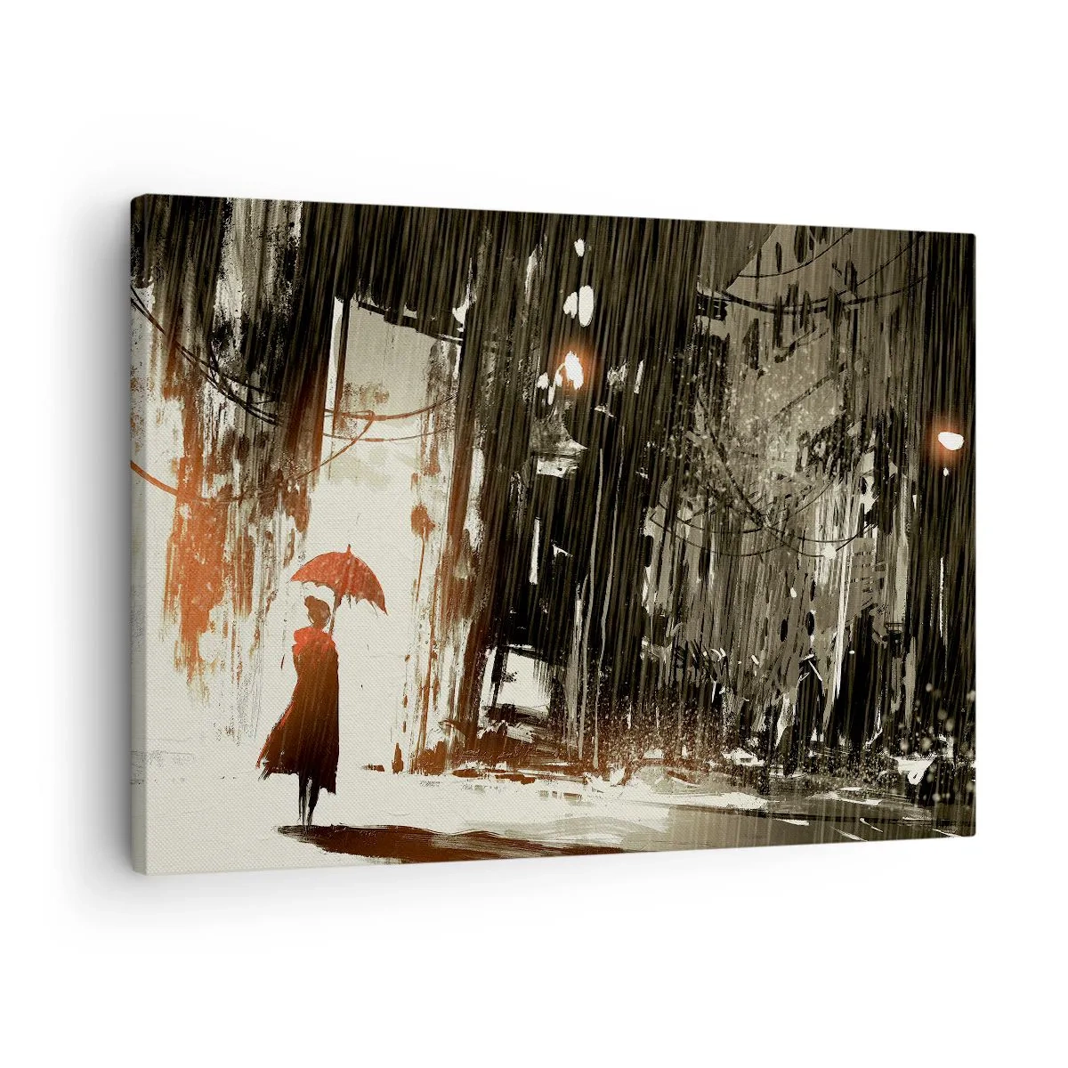 Quadro em tela - Uma figura vermelha com um guarda-chuva em uma cena chuvosa - 70x50cm - A poesia do guarda-chuva vermelho - Decoração de parede moderna para a sala de estar e quarto ARTTOR