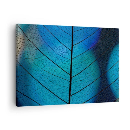 Quadro em tela - Close-up de uma folha azul com detalhes de nervuras visíveis - 70x50cm - Construção complexa - Decoração de parede moderna para a sala de estar e quarto ARTTOR