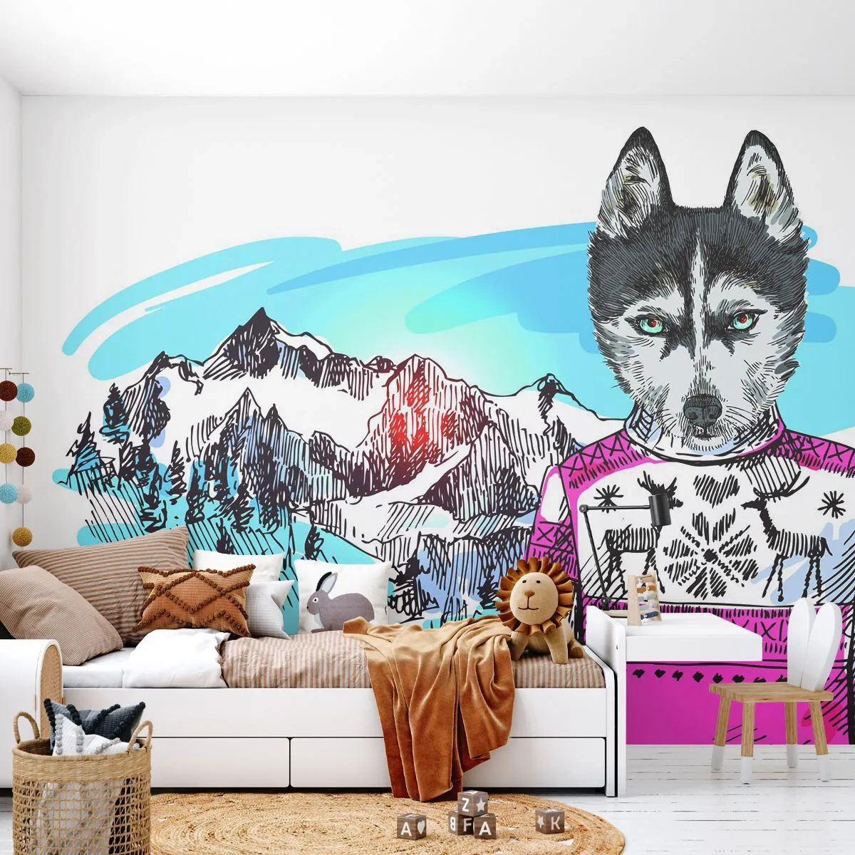 Papel de Parede Premium Canvas - Lobo em lã de ovelha - Abstração, Lobo, Para crianças - 100x70 cm