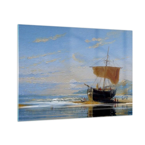 Quadro em vidro - Um navio com uma vela na costa em estilo pictórico - 70x50cm - Água, terra, ar - Decoração de parede moderna para a sala de estar e quarto ARTTOR
