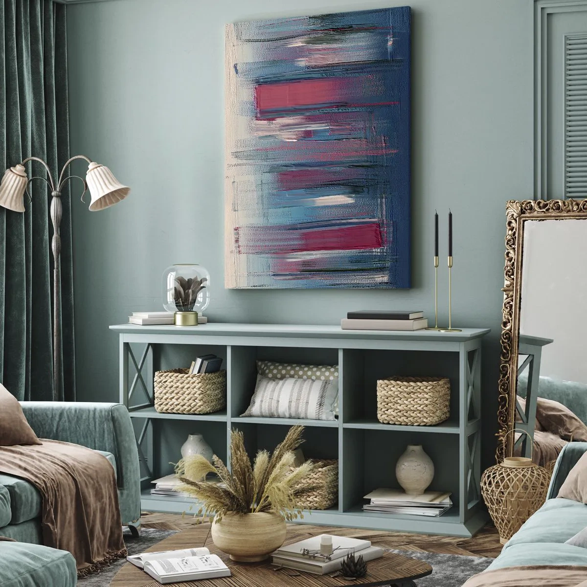 Quadro em tela - Composição vertical em azul e vermelho - 70x100 cm