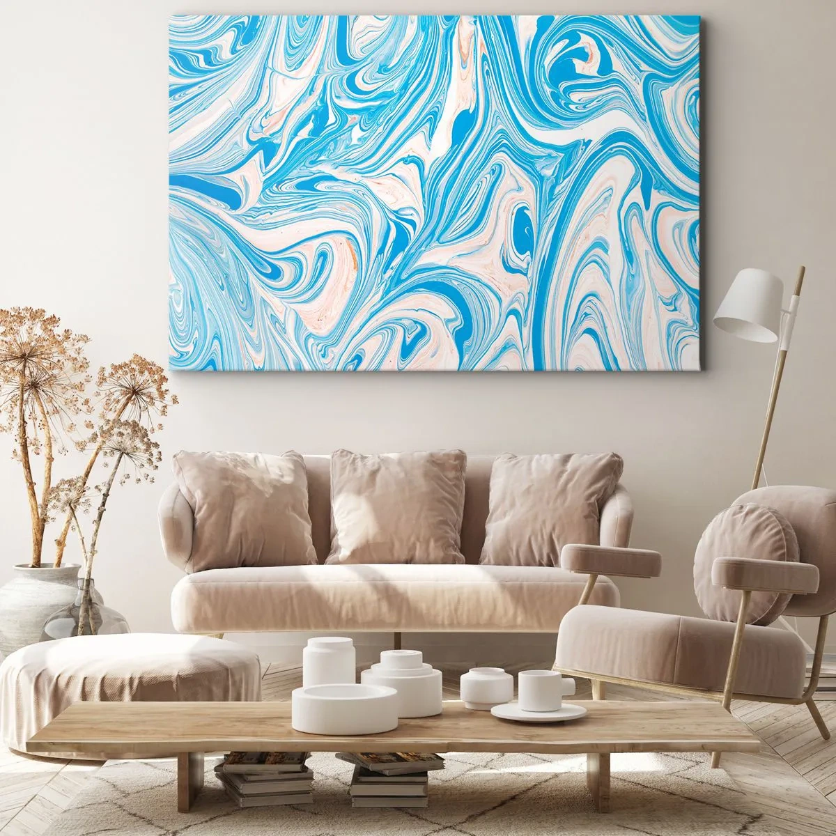 Quadro em tela - Redemoinhos abstratos em estilo mármore azul e branco - 70x50cm - Derramado em turquesa - Decoração de parede moderna para a sala de estar e quarto ARTTOR