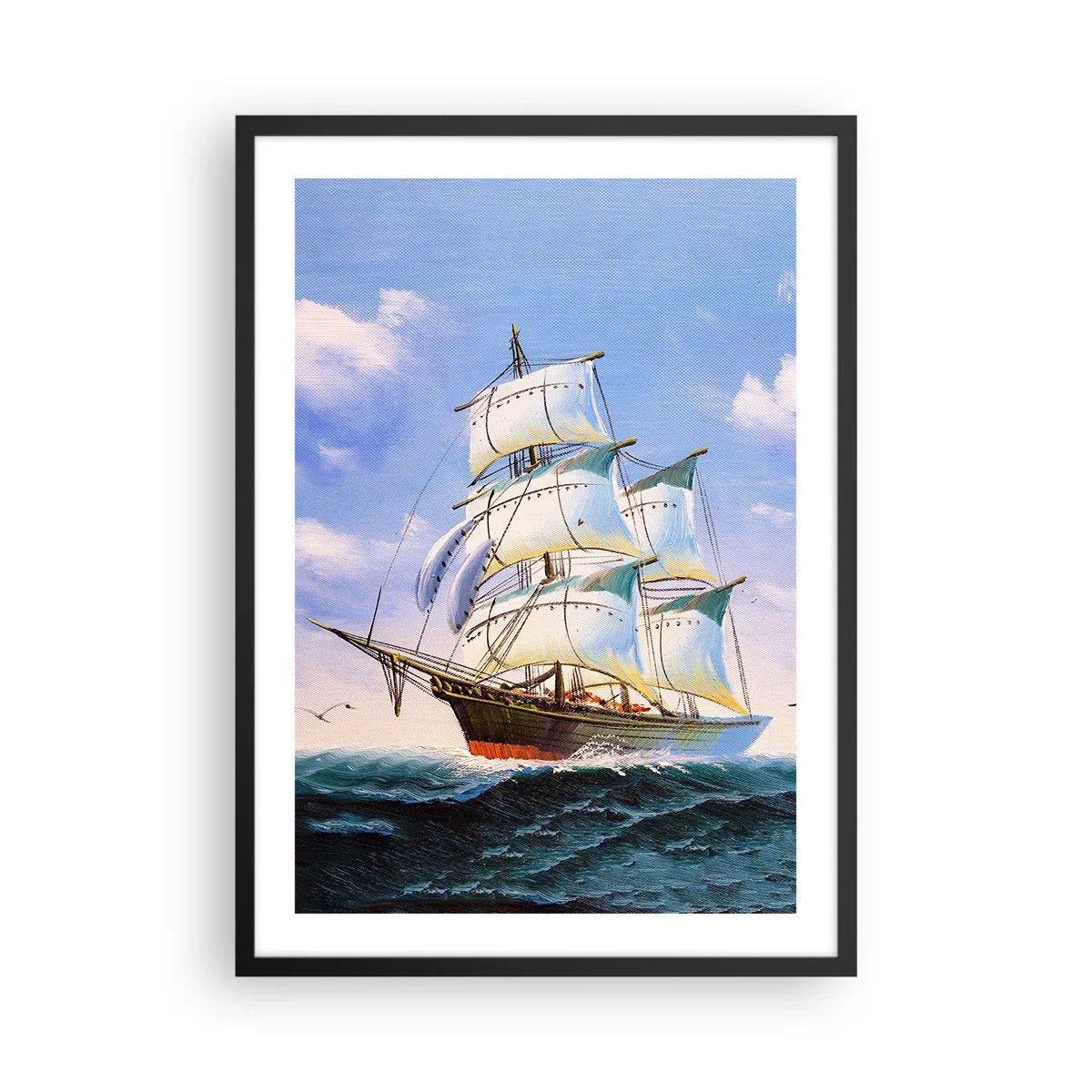 Pôster com moldura preta - Um veleiro contra o mar, velas a todo vapor - 50x70cm - Orgulhosamente com o vento - Decoração de parede moderna para a sala de estar e quarto ARTTOR