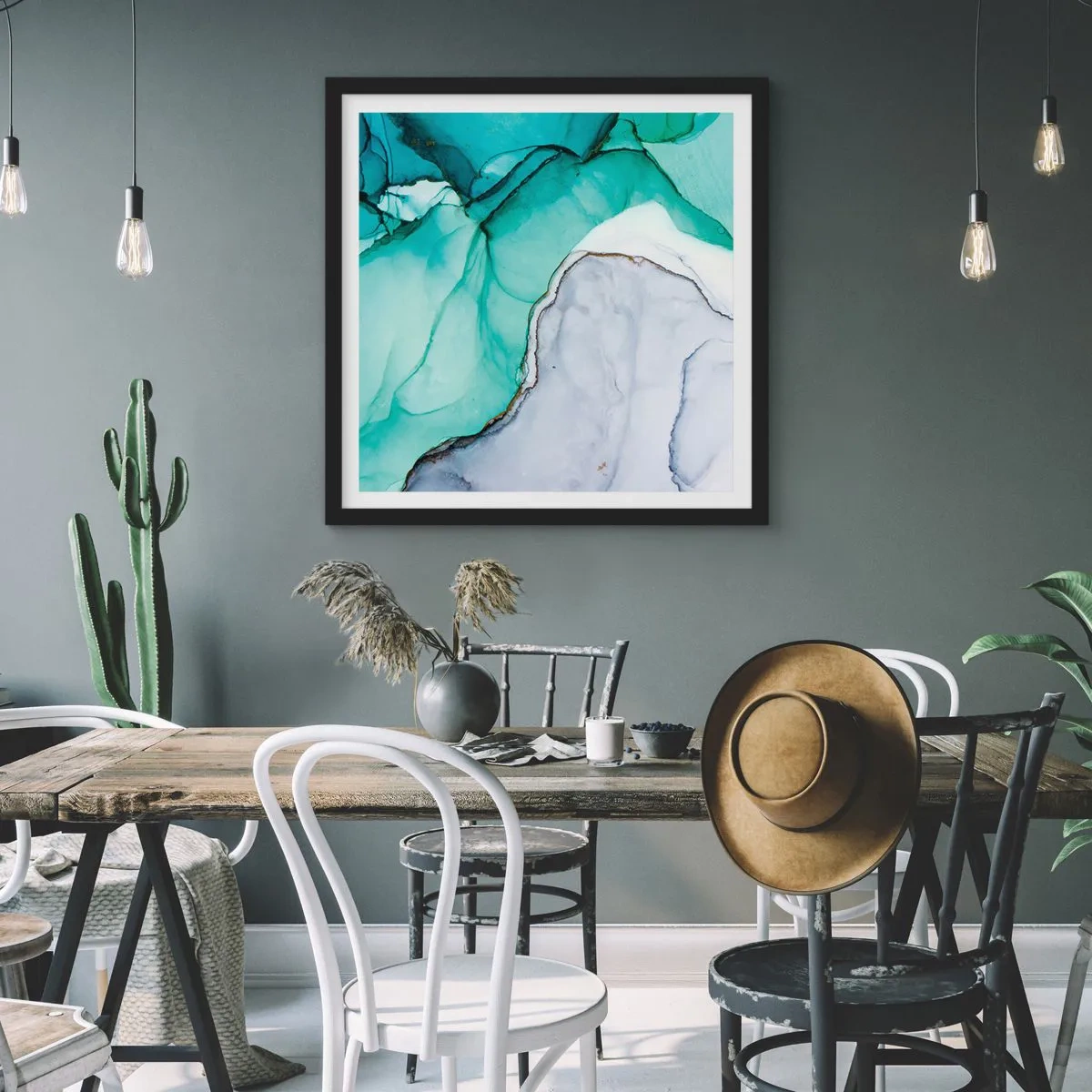 Pôster com moldura preta - Estudo em turquesa - 60x60 cm