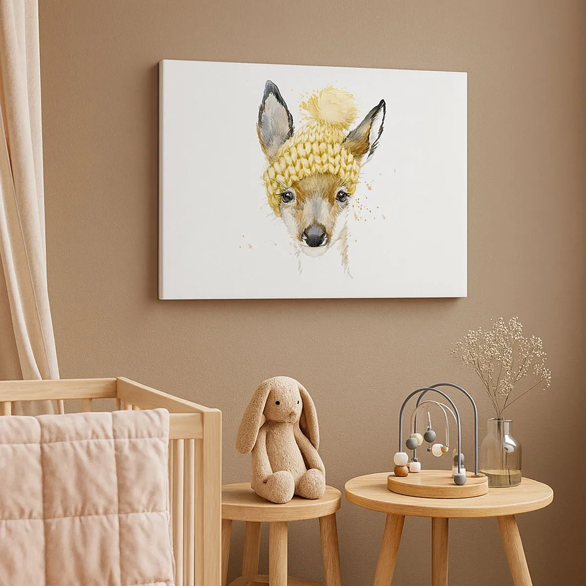 Quadro em tela - Veado aquarela com boné amarelo - 70x50cm - Para o inverno na floresta - Decoração de parede moderna para a sala de estar e quarto ARTTOR