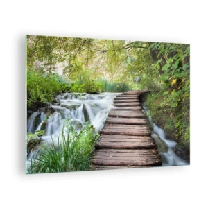Quadro em vidro - Uma ponte na floresta sobre um riacho - 70x50cm - As aparências enganam - Decoração de parede moderna para a sala de estar e quarto ARTTOR