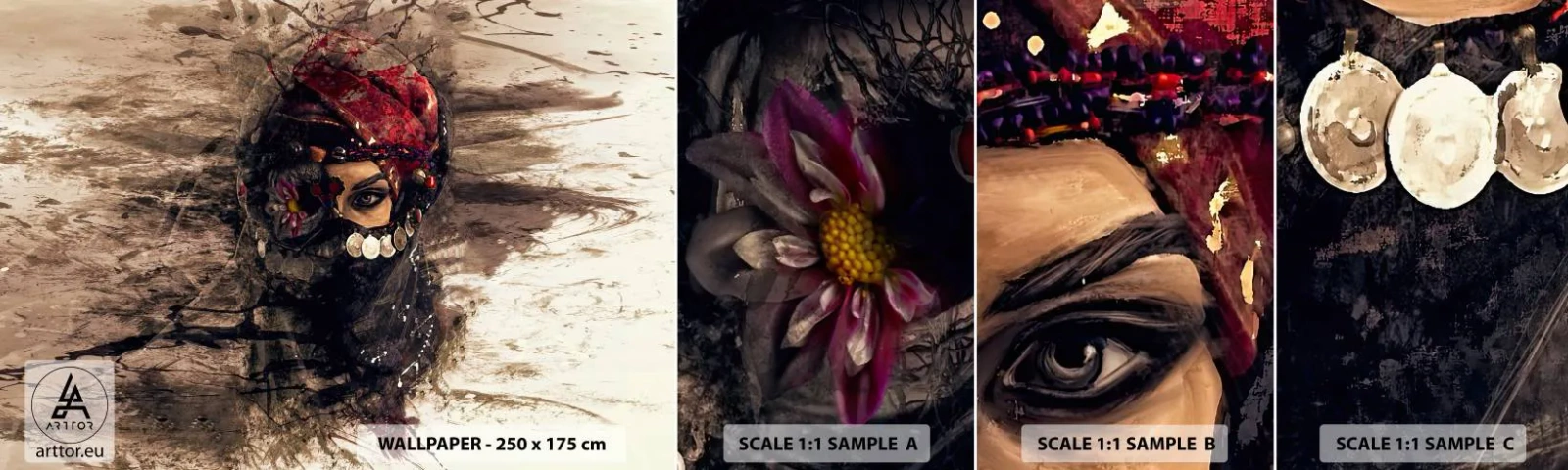 Amostra de papel de parede autocolante Deluxe Sticker - Perturbador, para dizer o mínimo - Abstração, Rosto de mulher, Símbolos Orientais - 100x30 cm