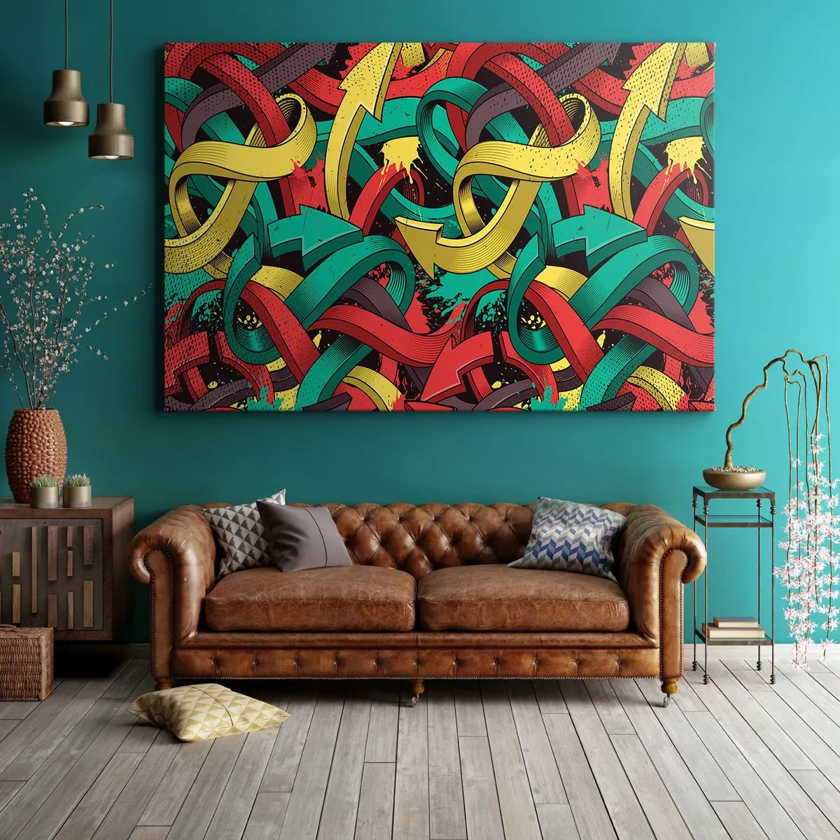 Quadro em tela - Setas abstratas em cores vibrantes criando caos - 70x50cm - Qual o caminho para o destino? - Decoração de parede moderna para a sala de estar e quarto ARTTOR