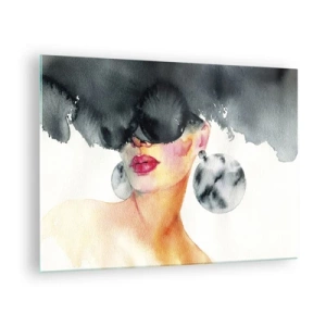 Quadro em vidro - Retrato de uma mulher com brincos grandes e uma mancha preta acima da cabeça - 70x50cm - O segredo da elegância - Decoração de parede moderna para a sala de estar e quarto ARTTOR