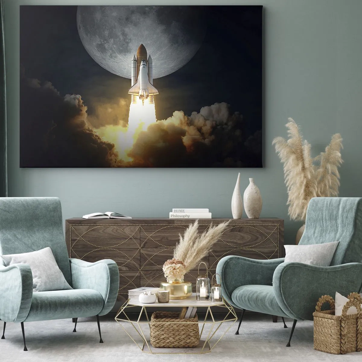 Quadro em tela - Um foguete decolando tendo como pano de fundo uma lua cheia cercada por nuvens dinâmicas. - 70x50cm - O início de uma aventura sobrenatural - Decoração de parede moderna para a sala de estar e quarto ARTTOR
