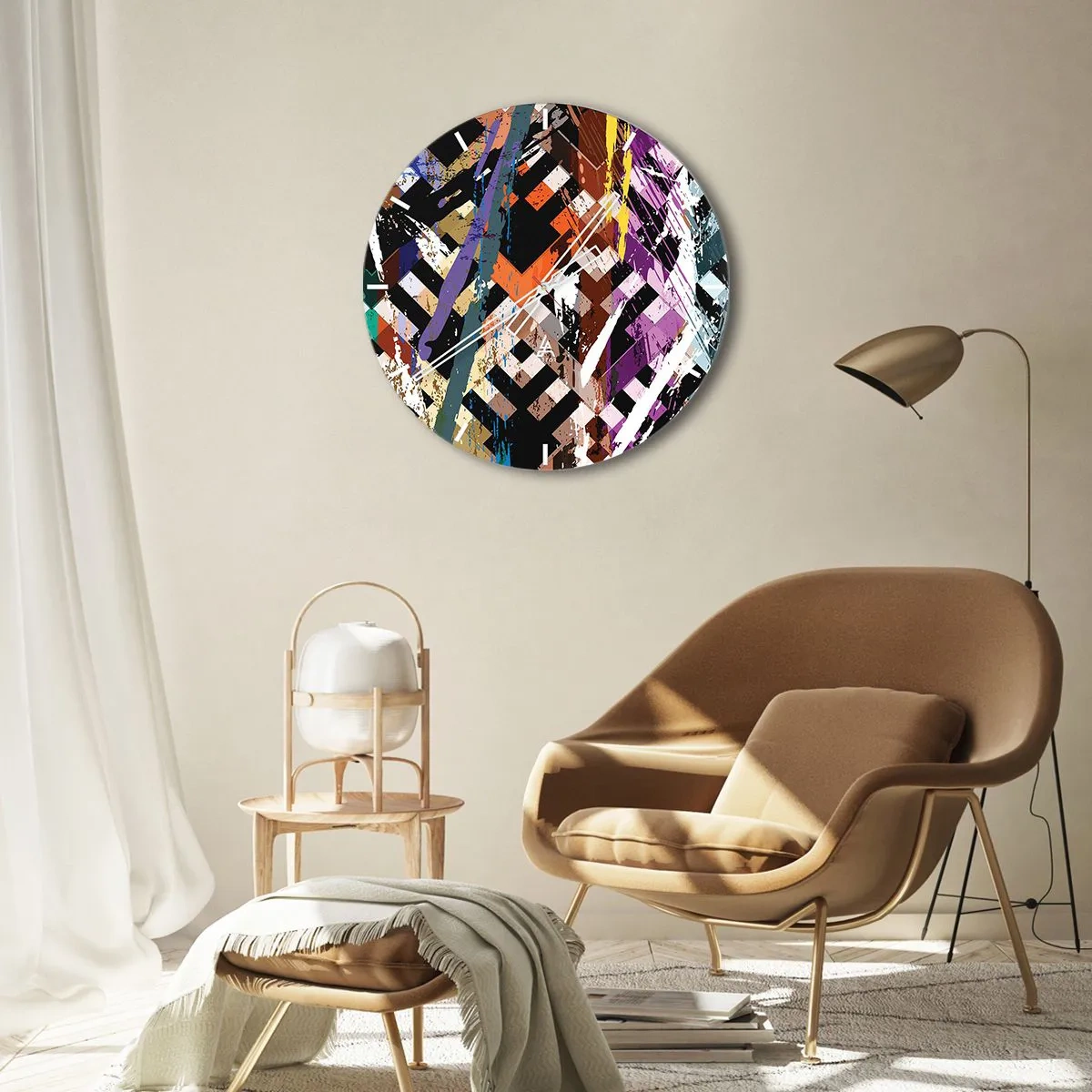 Relógio de parede - Relógio em vidro - Padrões geométricos em cores intensas com efeito abstrato - 30x30cm - Ao quadrado - Decoração de parede moderna para a sala de estar, cozinha e quarto ARTTOR