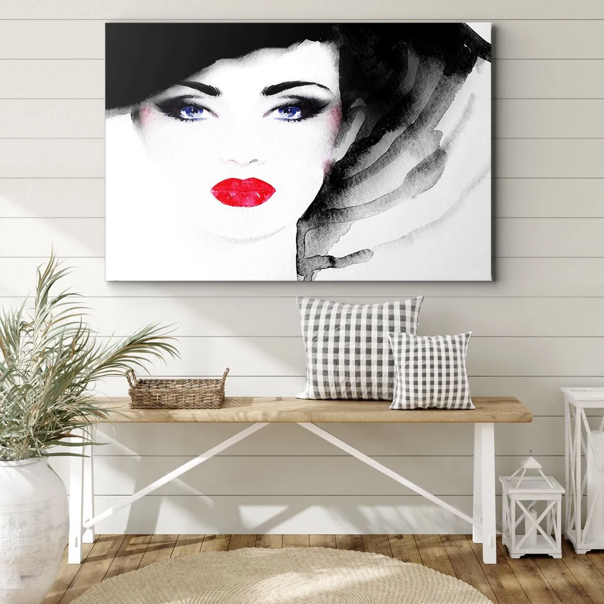 Quadro em tela - Retrato de uma mulher com lábios vermelhos e olhos azuis intensos - 70x50cm - Repulsa e convoca - Decoração de parede moderna para a sala de estar e quarto ARTTOR